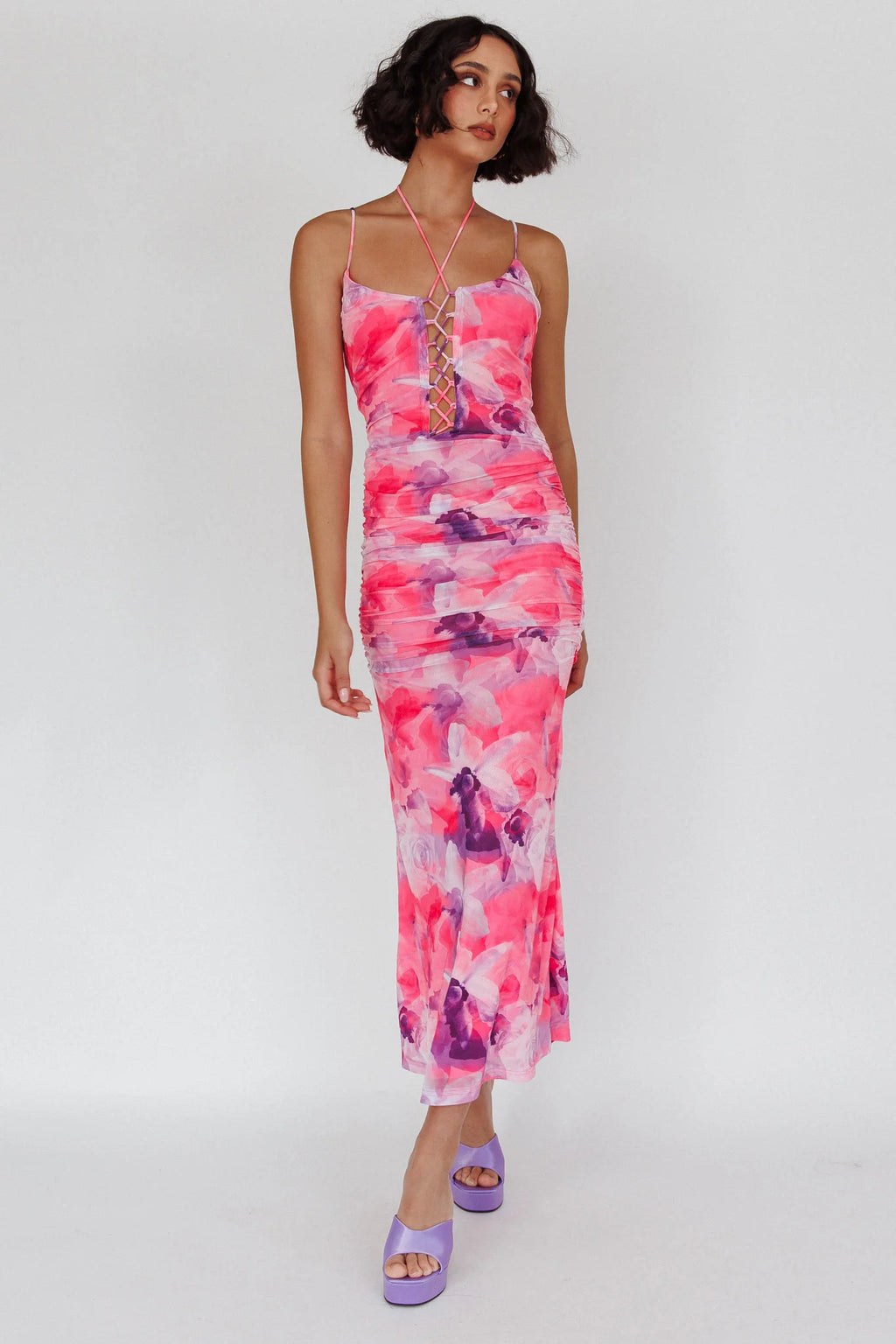 Gypsy Garden Laced Bodice Ruched Midi Dress Pink