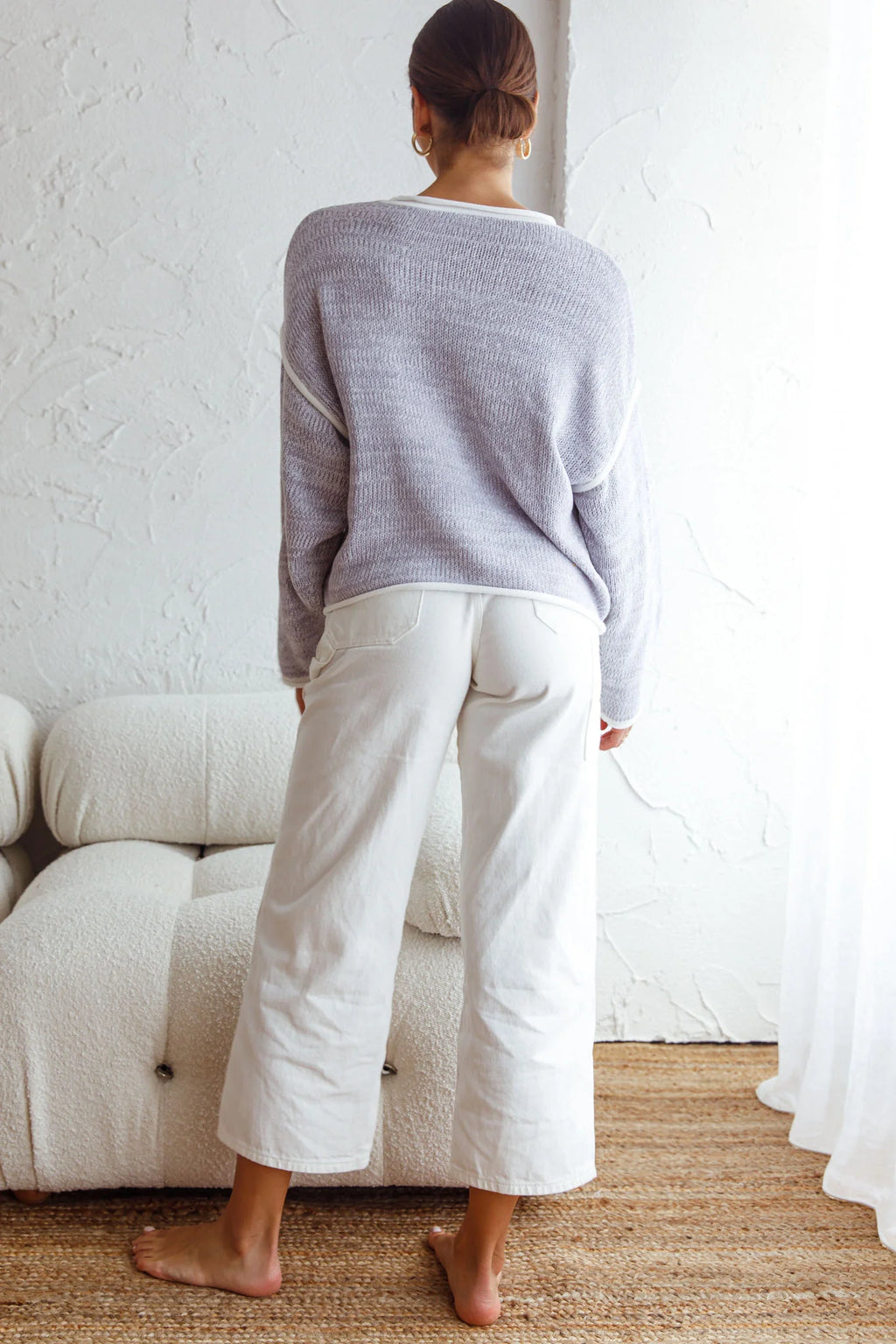 Sitting Pretty Drop Sleeve White Trim Knit Sweater Blue