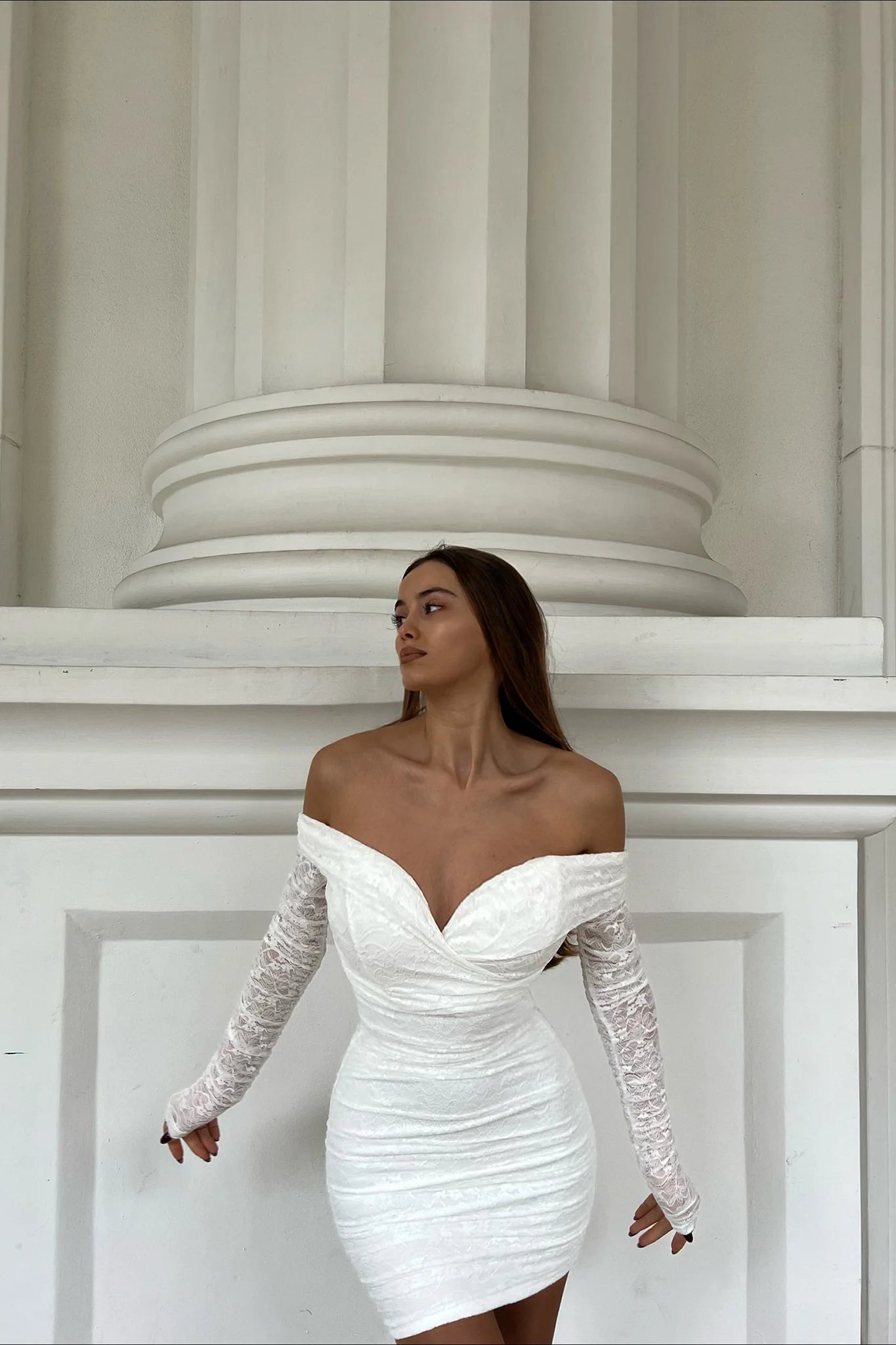 Moonrise Off-Shoulder Long Sleeve Dress Lace White