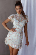 Lark High Neck Ruffle Sleeve Dress Flower Print Aqua