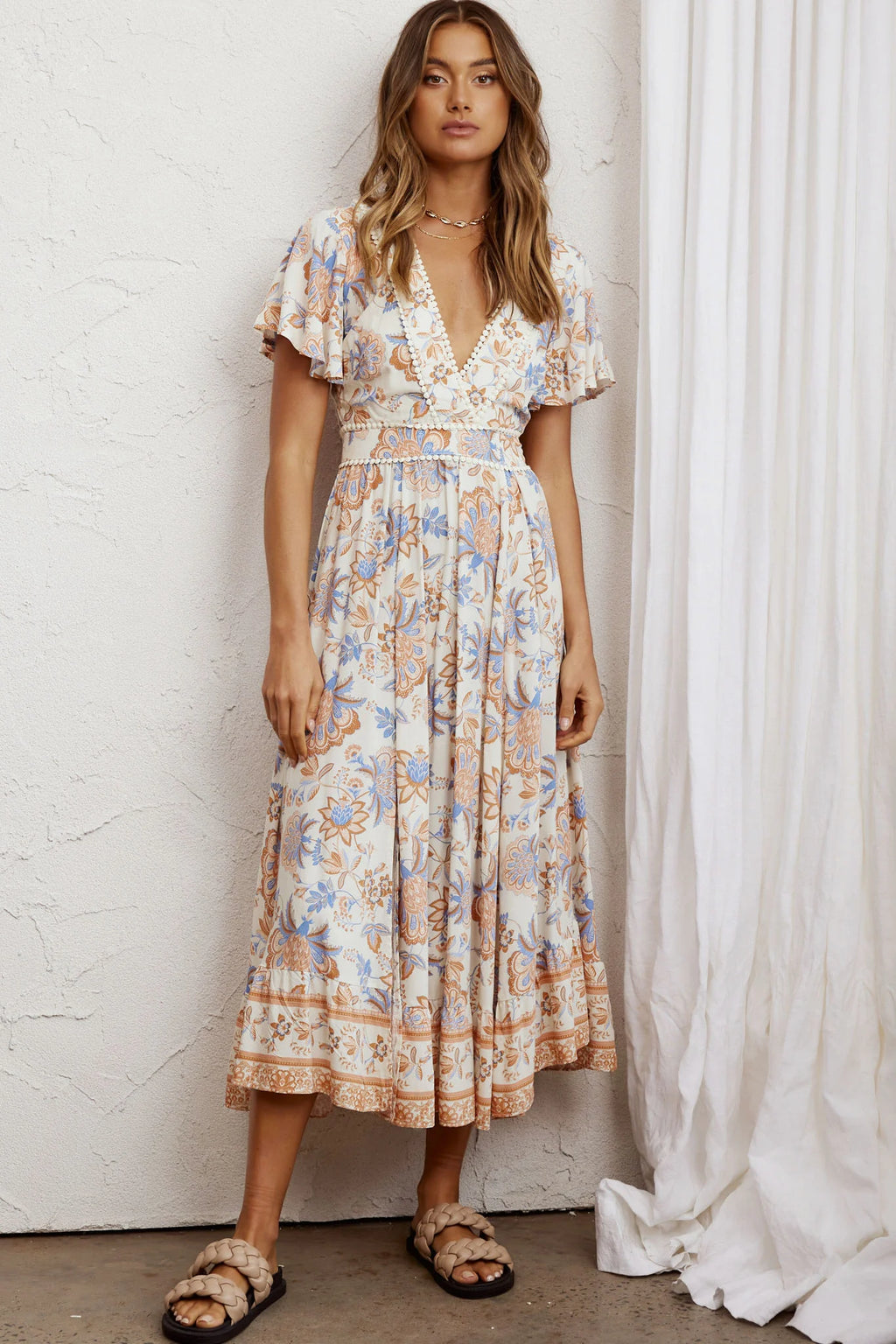 Kailee Short Sleeve Midi Dress Beige/Rust