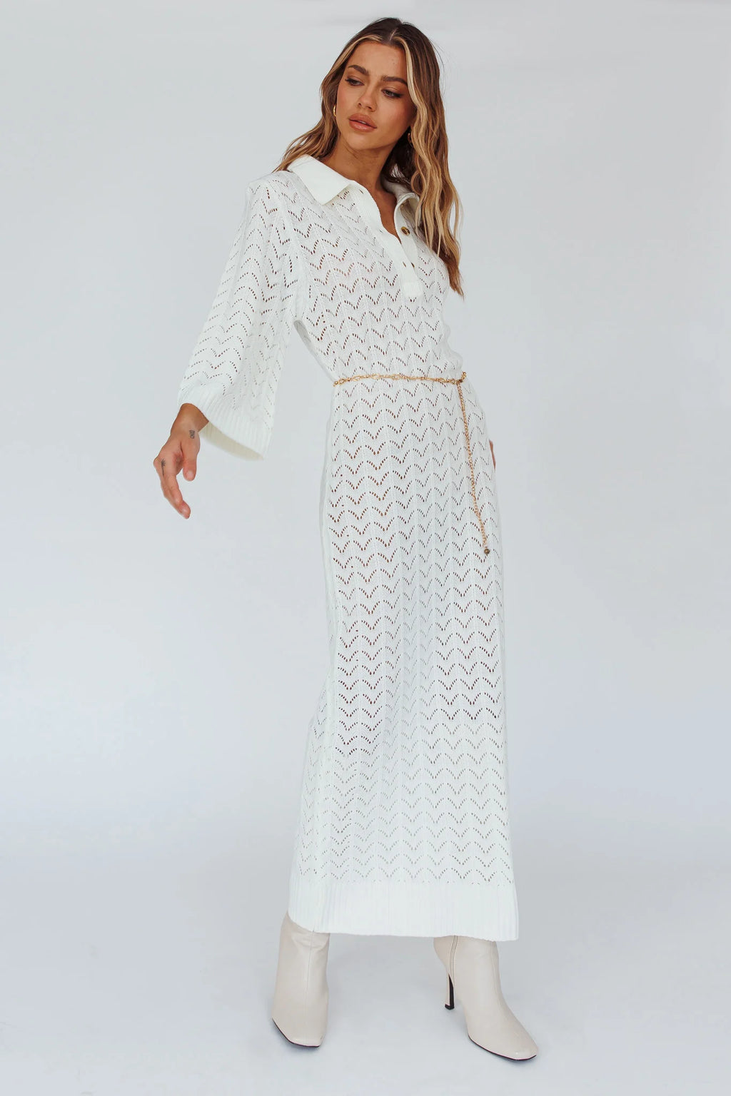 Alouette 3/4 Sleeve Crochet Midi Dress Cream