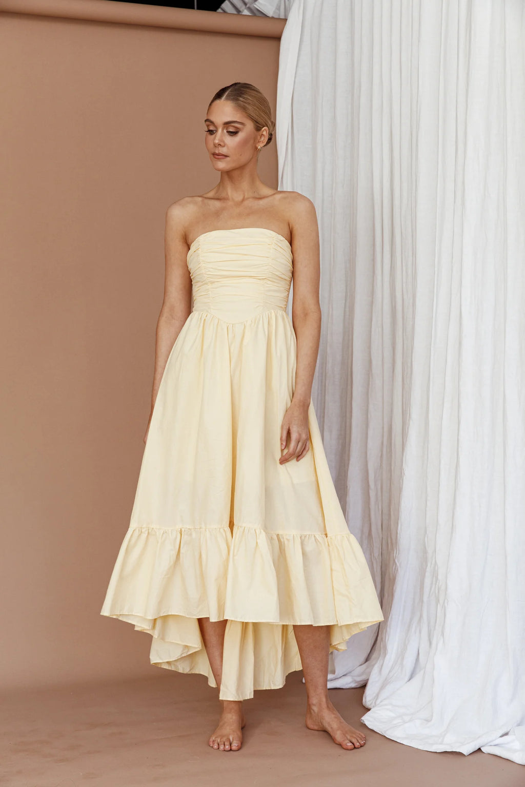 Sunday Mornings Ruched Bust Midi Dress Lemon