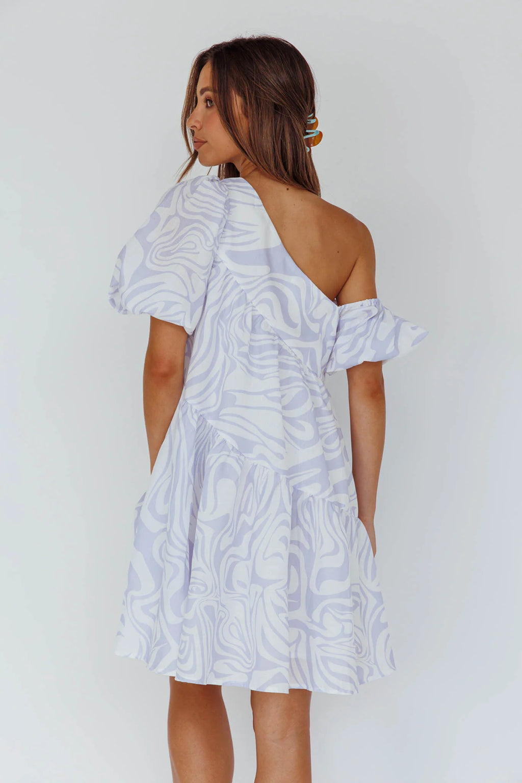 Villa Puff Sleeve One-Shoulder Dress Blue