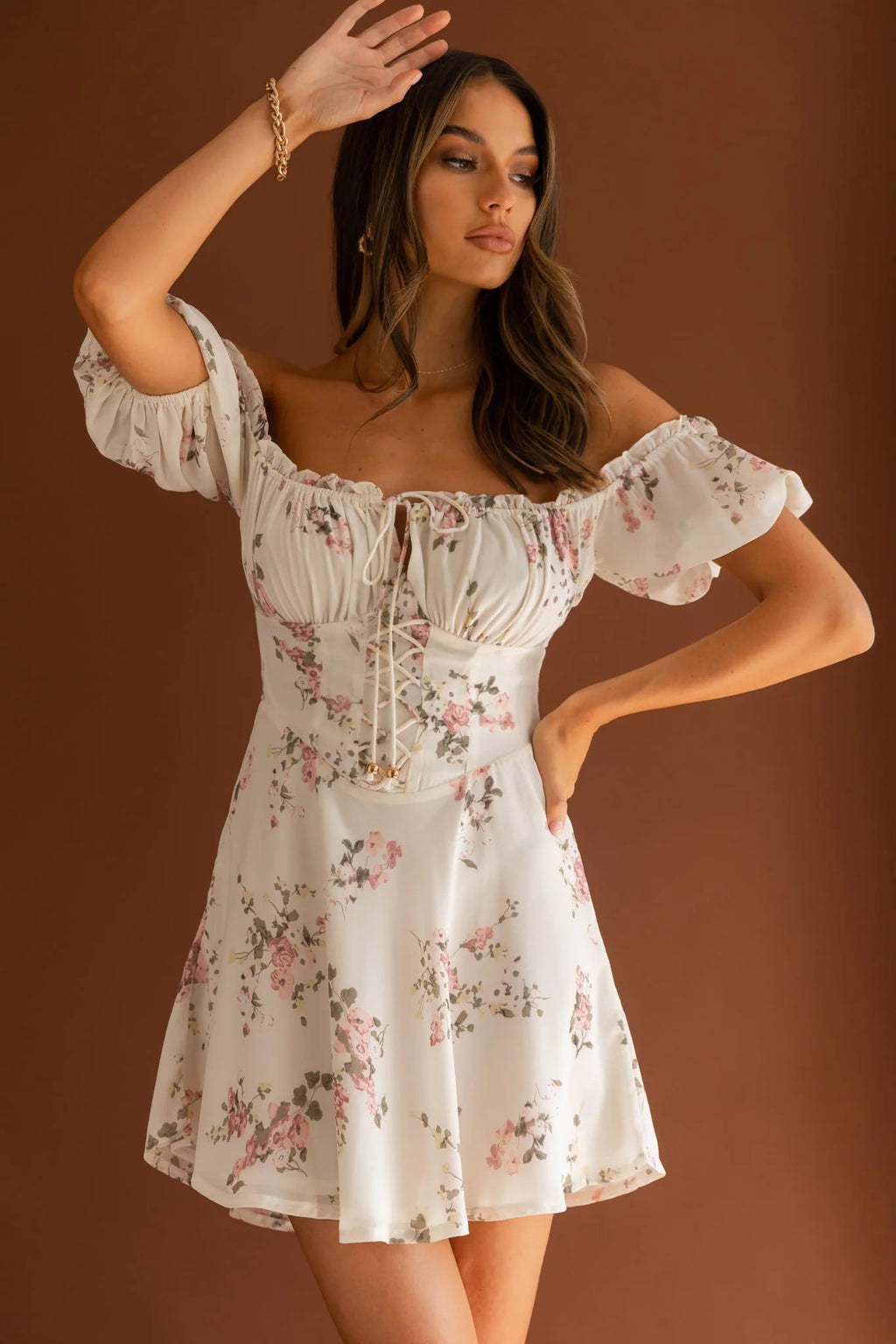 Belle Fleur Tied Bust Mini Dress Floral White