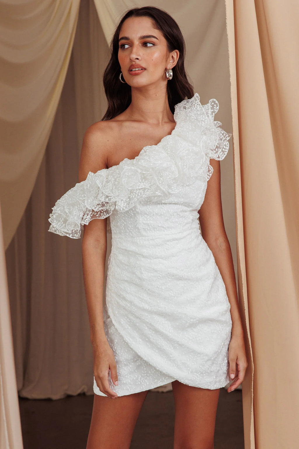 Hollyn One-Shoulder Ruffle Mini Dress White