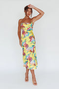 Well Versed Pleated Bust Front Split Dress Leaf Print Yellow
