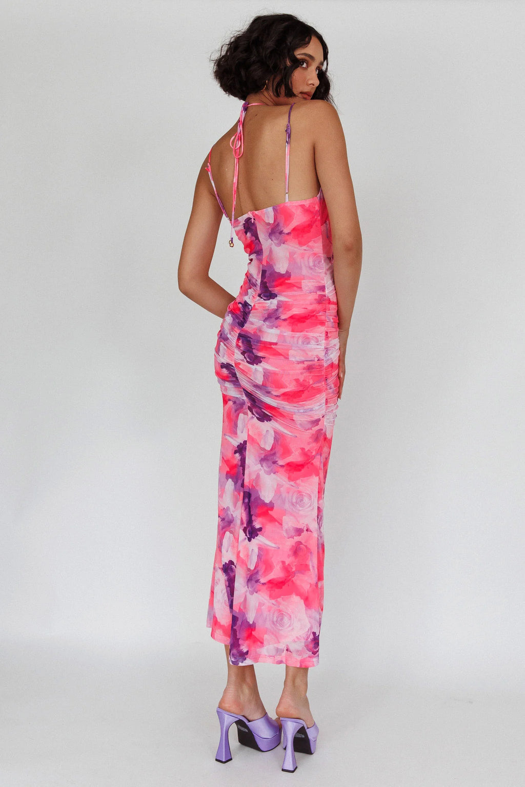 Gypsy Garden Laced Bodice Ruched Midi Dress Pink