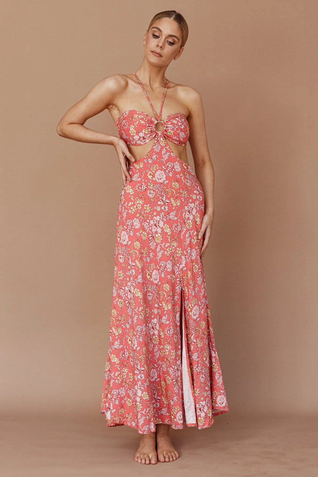 Amorcito Cut-Out Waist Midi Dress Floral Red