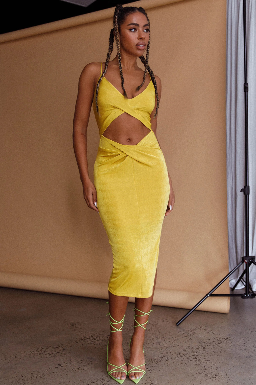 Loving You Cut-Out Waist Midi Dress Yellow