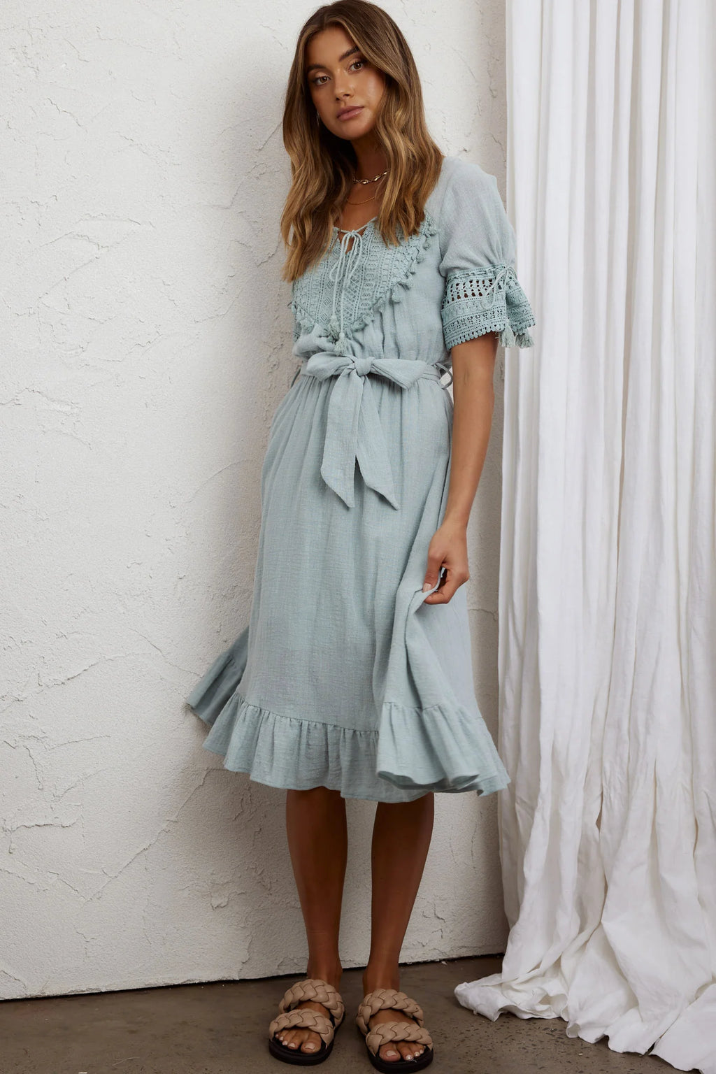 Jada Short Sleeve Crochet Tassel Midi Dress Sage