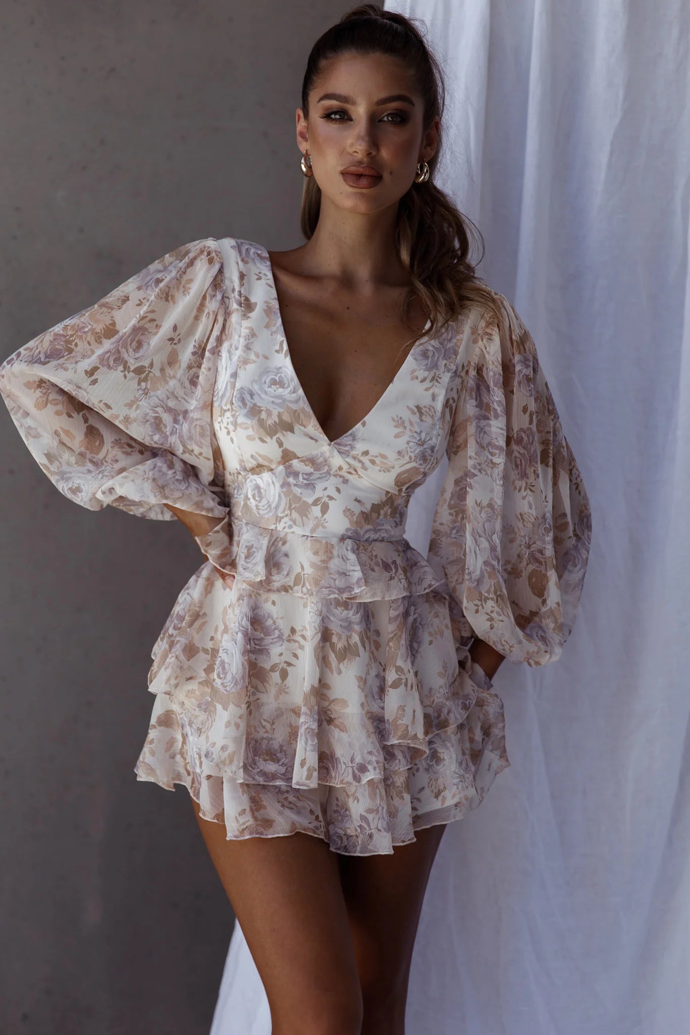 La Nena Frill Trim Flounce Romper Floral Cream