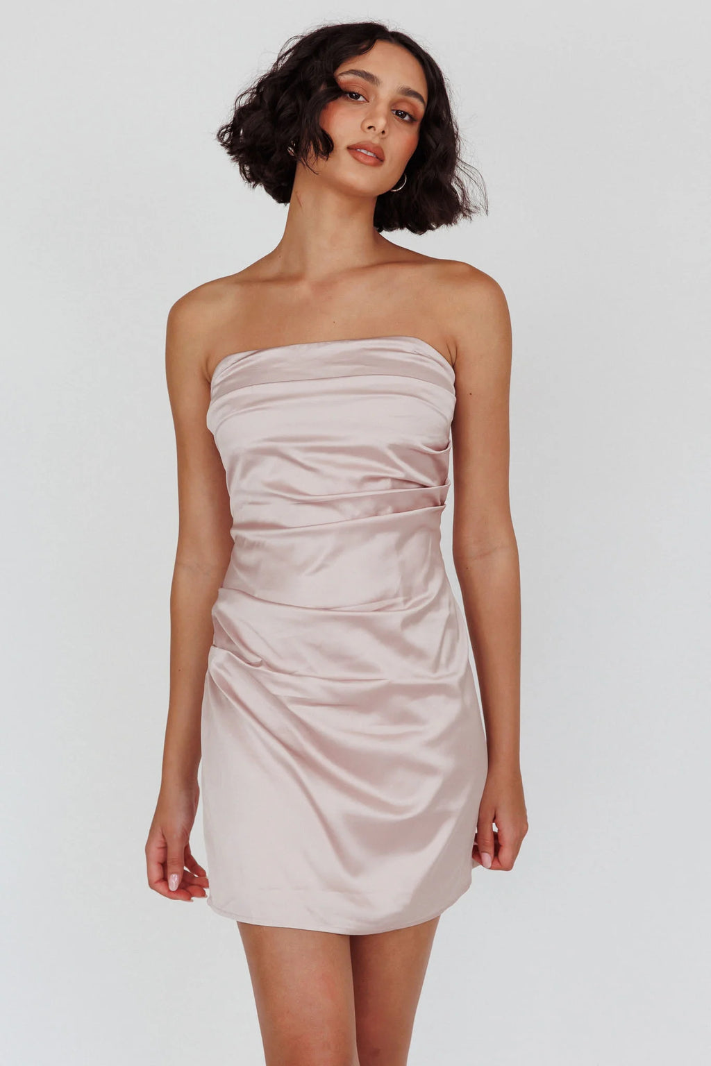 Love Waits Strapless Side Pleat Mini Dress Dirty Blush