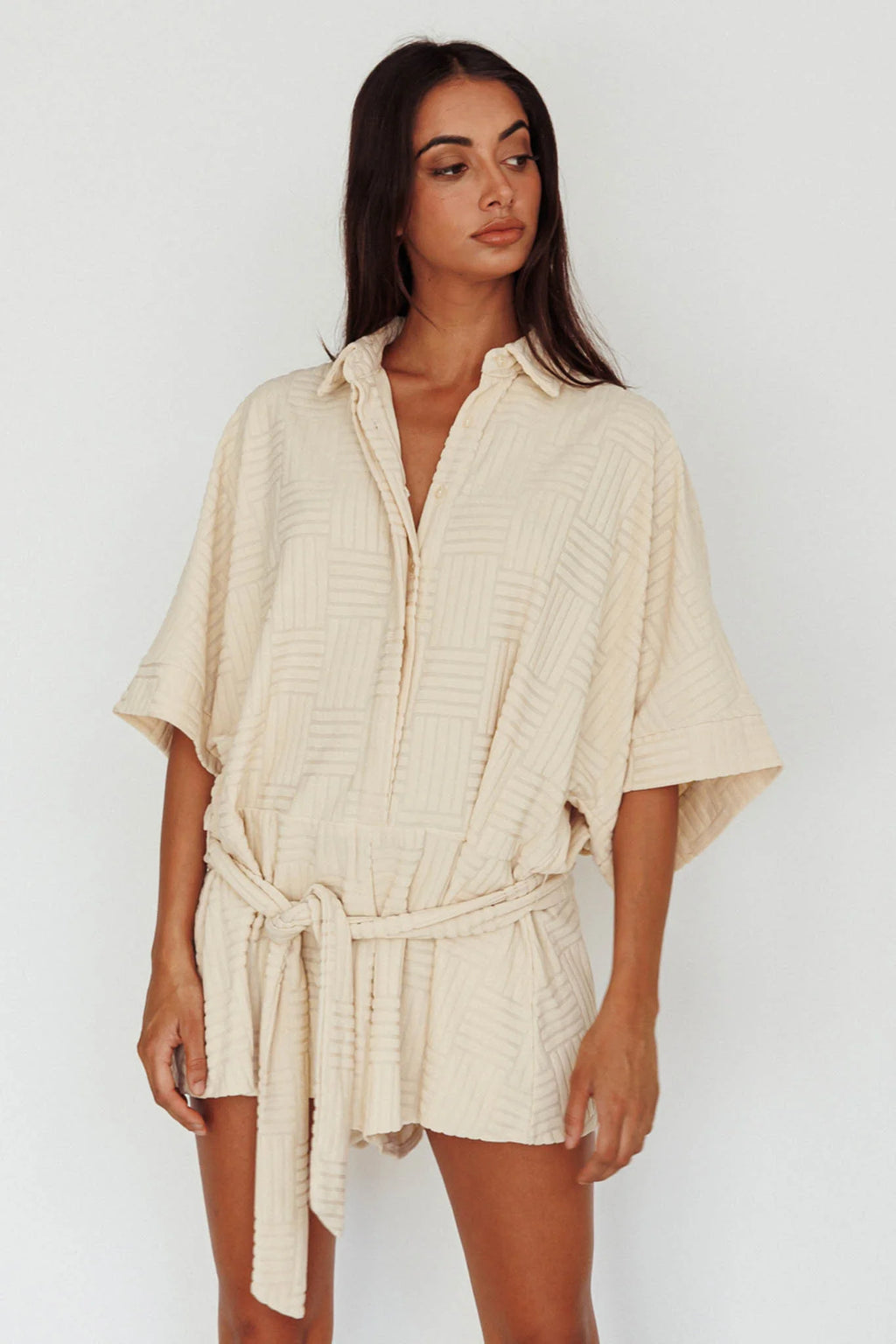 Daytona Beach Button-Up Romper Textured Beige