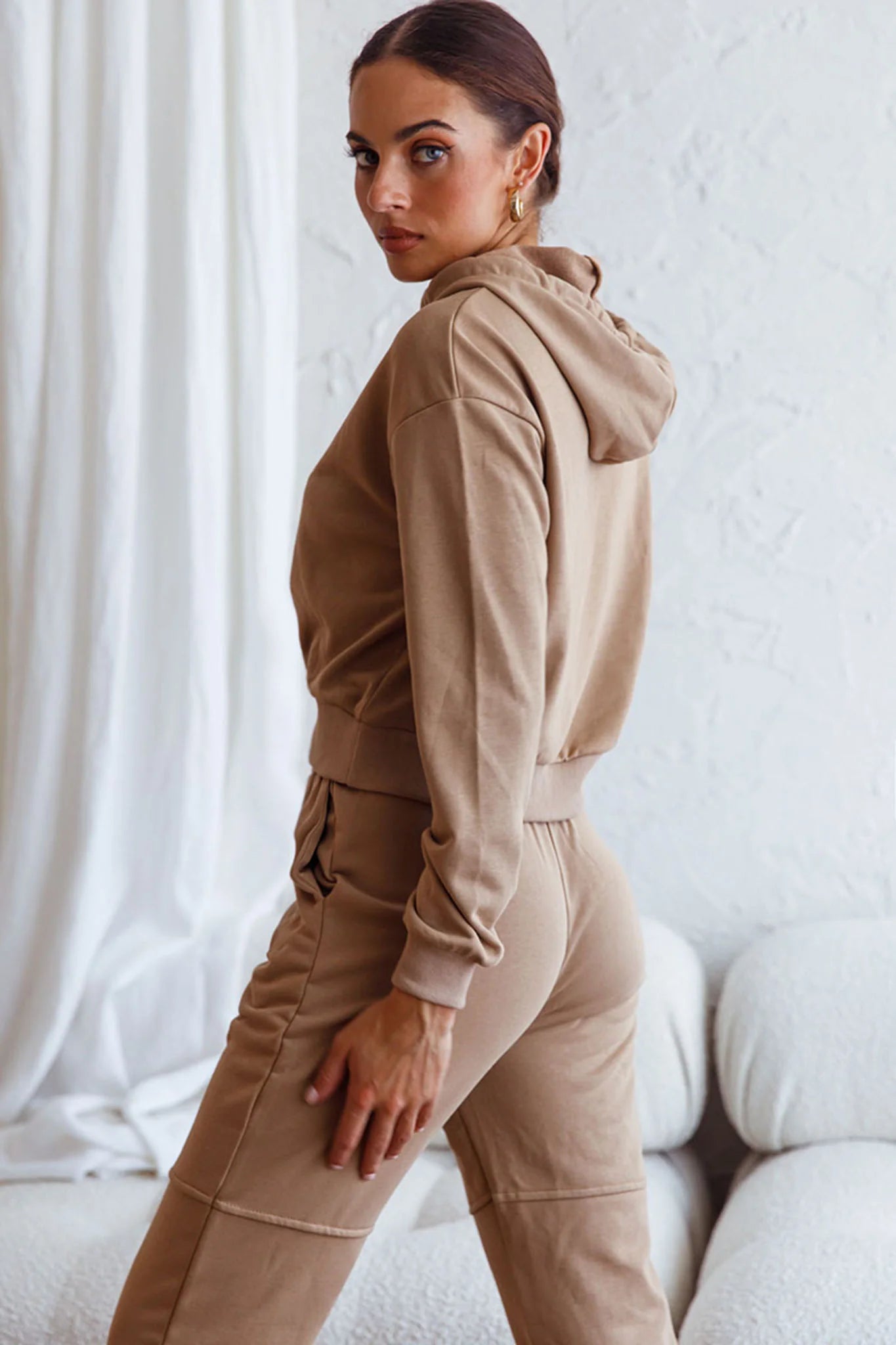 Glow Getter Drawstring Hood Embroidery Logo Hoodie Beige
