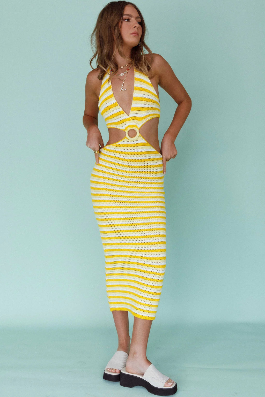 Makaria Cut-Out Crochet Midi Dress Lemon