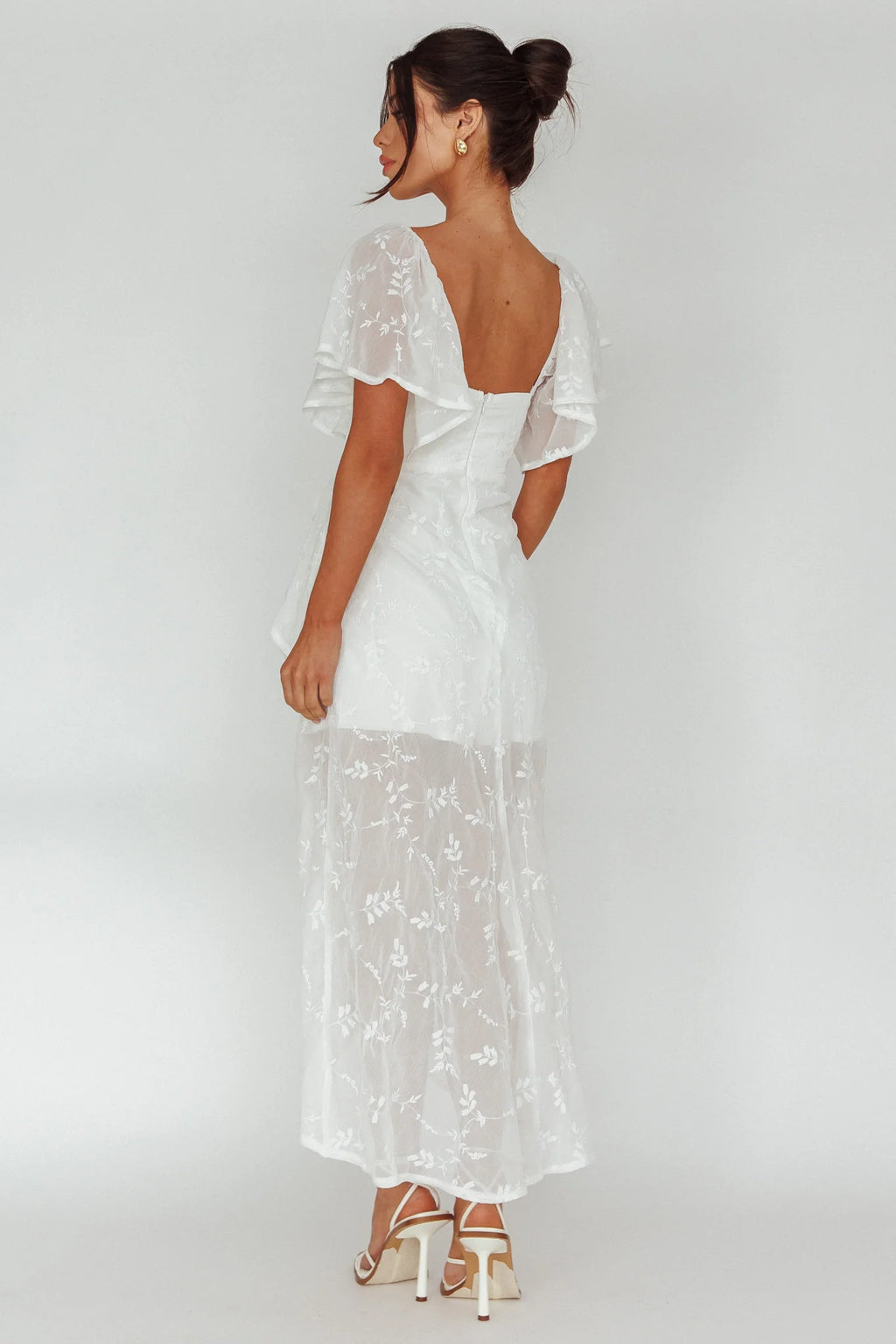 Aphrodite Molded Bust Angel Sleeve Midi Dress Floral White