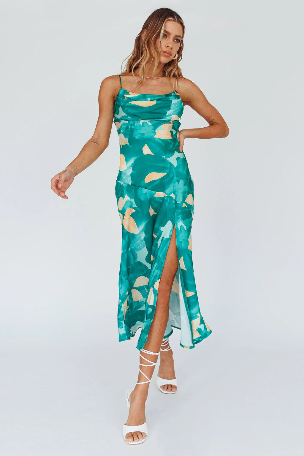 Well Versed Pleated Bust Front Split Dress Flora Green