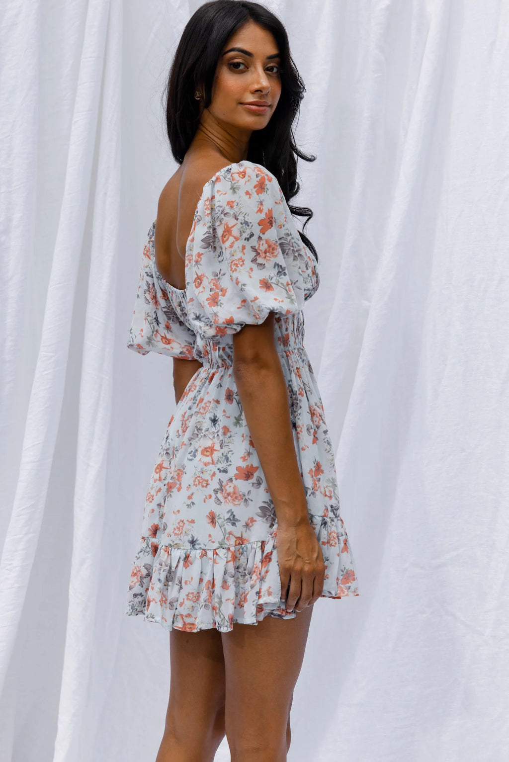 Vista Del Mar Tied Bust Mini Dress Floral Steel Blue