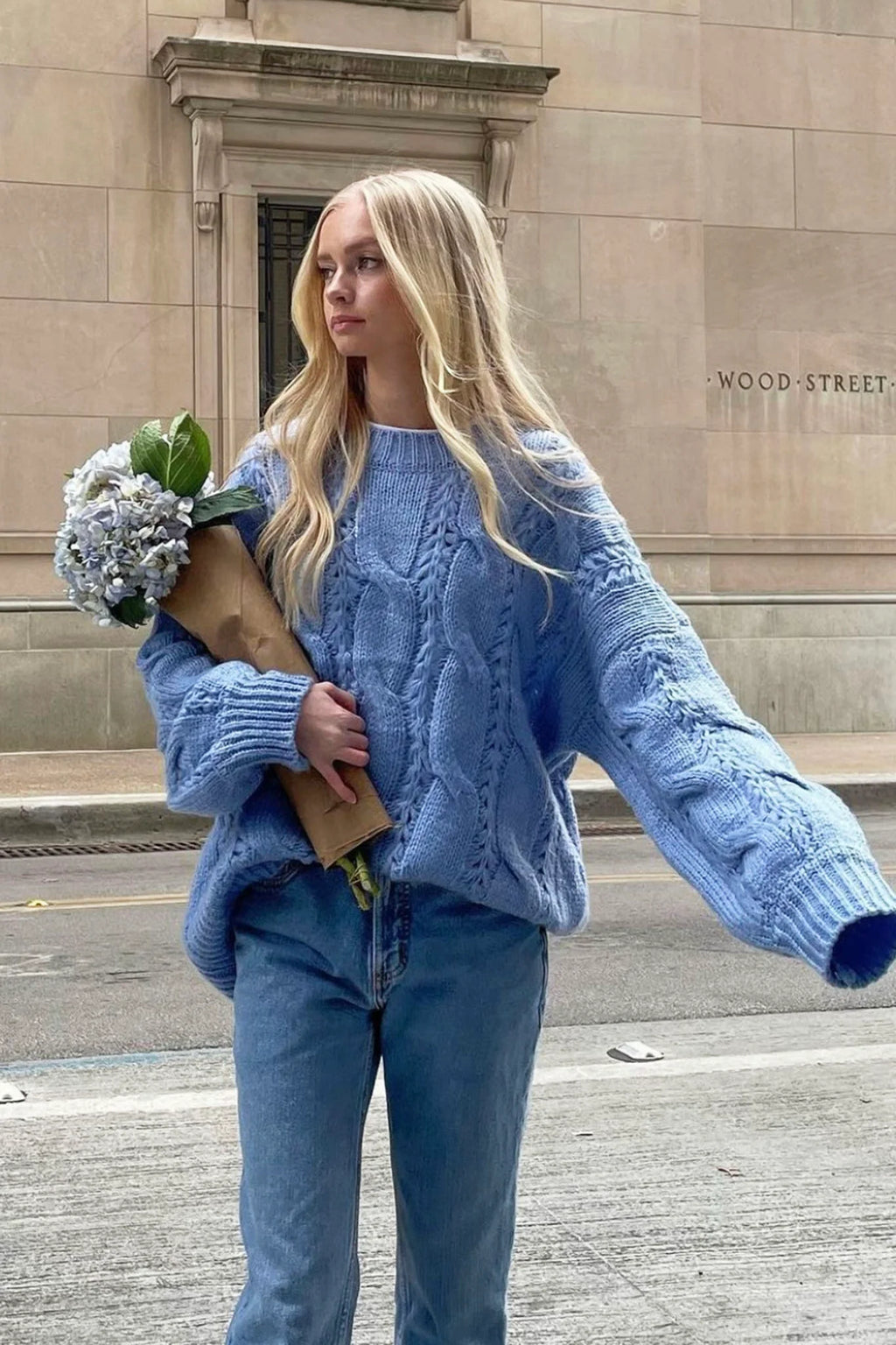 Nicola Long Sleeve Chunky Cable Knit Sweater Blue