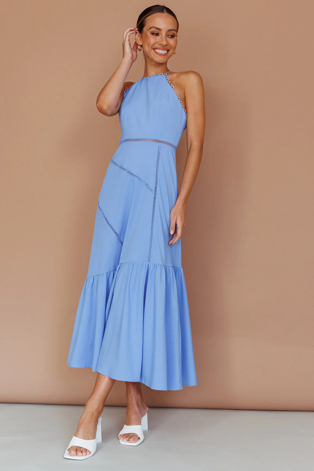 Felini Criss-Cross Back Flounce Midi Dress Blue