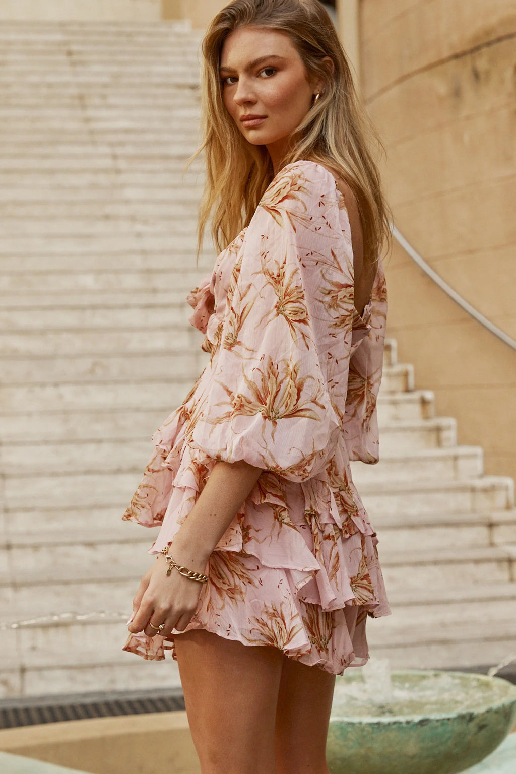 Flower Child Three Quarter Sleeve Bust Tie Ruffle Dress Lily Print Pink