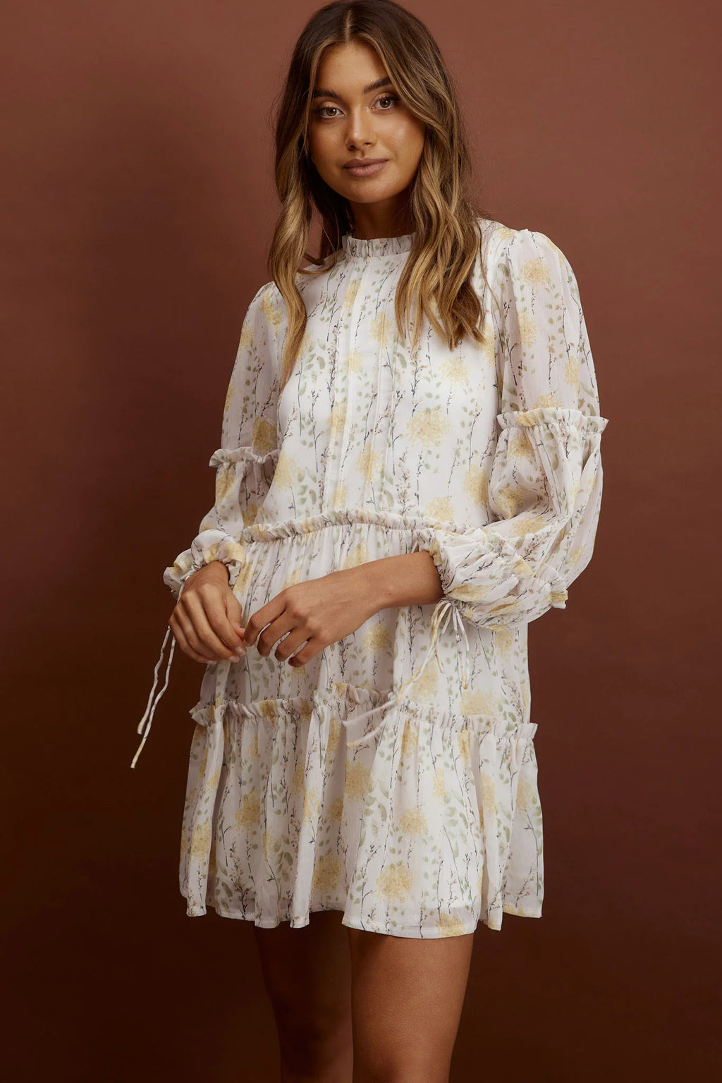 Beatrix High Neck Balloon Sleeve Dress Floral Yellow