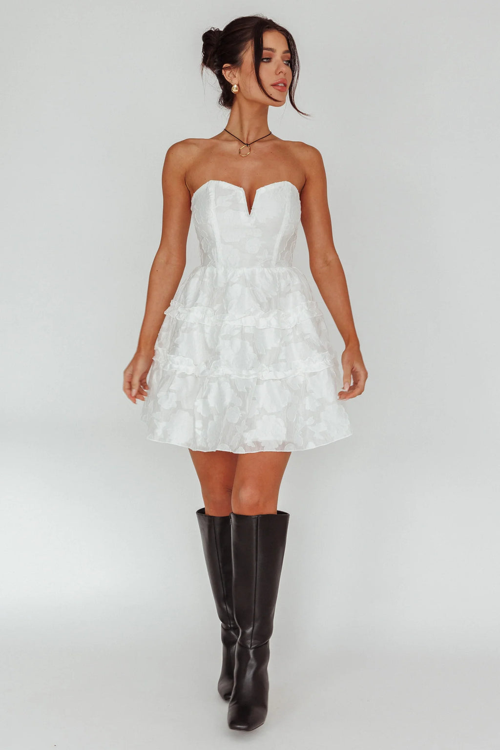 Demi Frill Trim Strapless Dress White