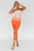 Logan Strapless Ruched Midi Dress Gradient Orange