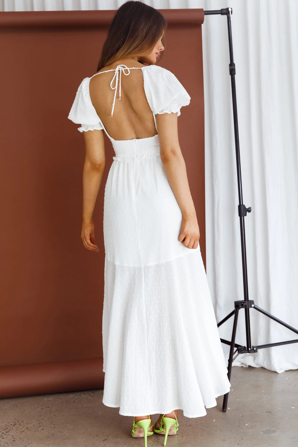 Summer In Paris Puff Sleeve Shirred Midi Dress White