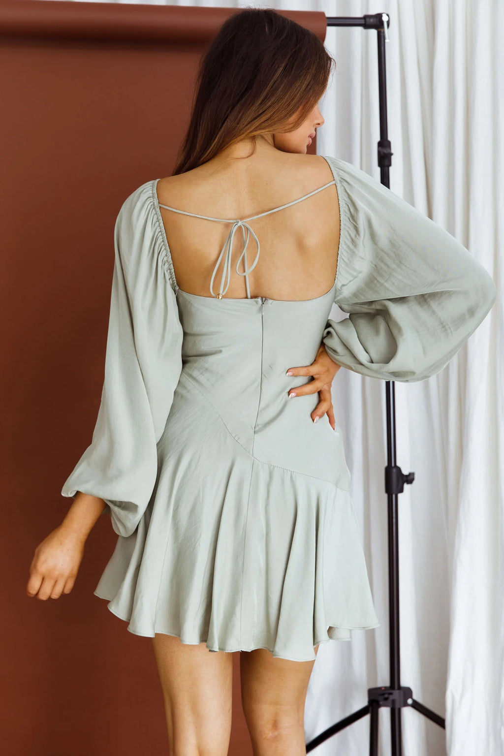 Beaujolais Long Sleeve Cowl Neckline Ruffle Satin Mini Dress Pistachio