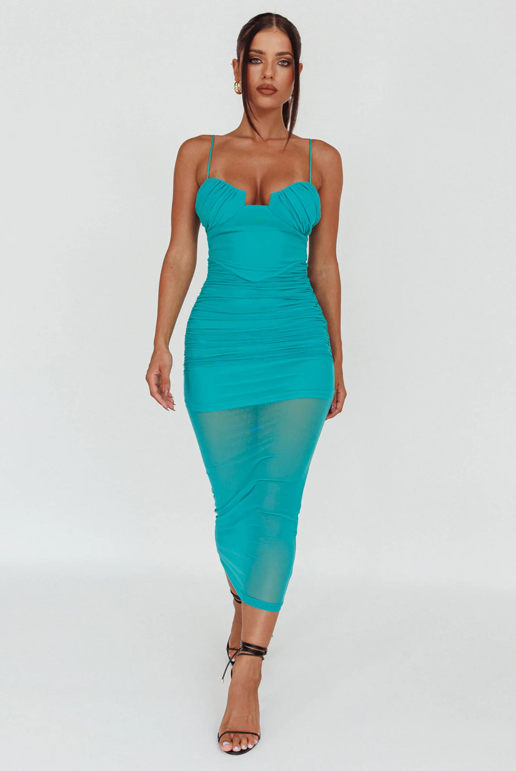 Jahzel Ruched Mesh Midi Dress Green