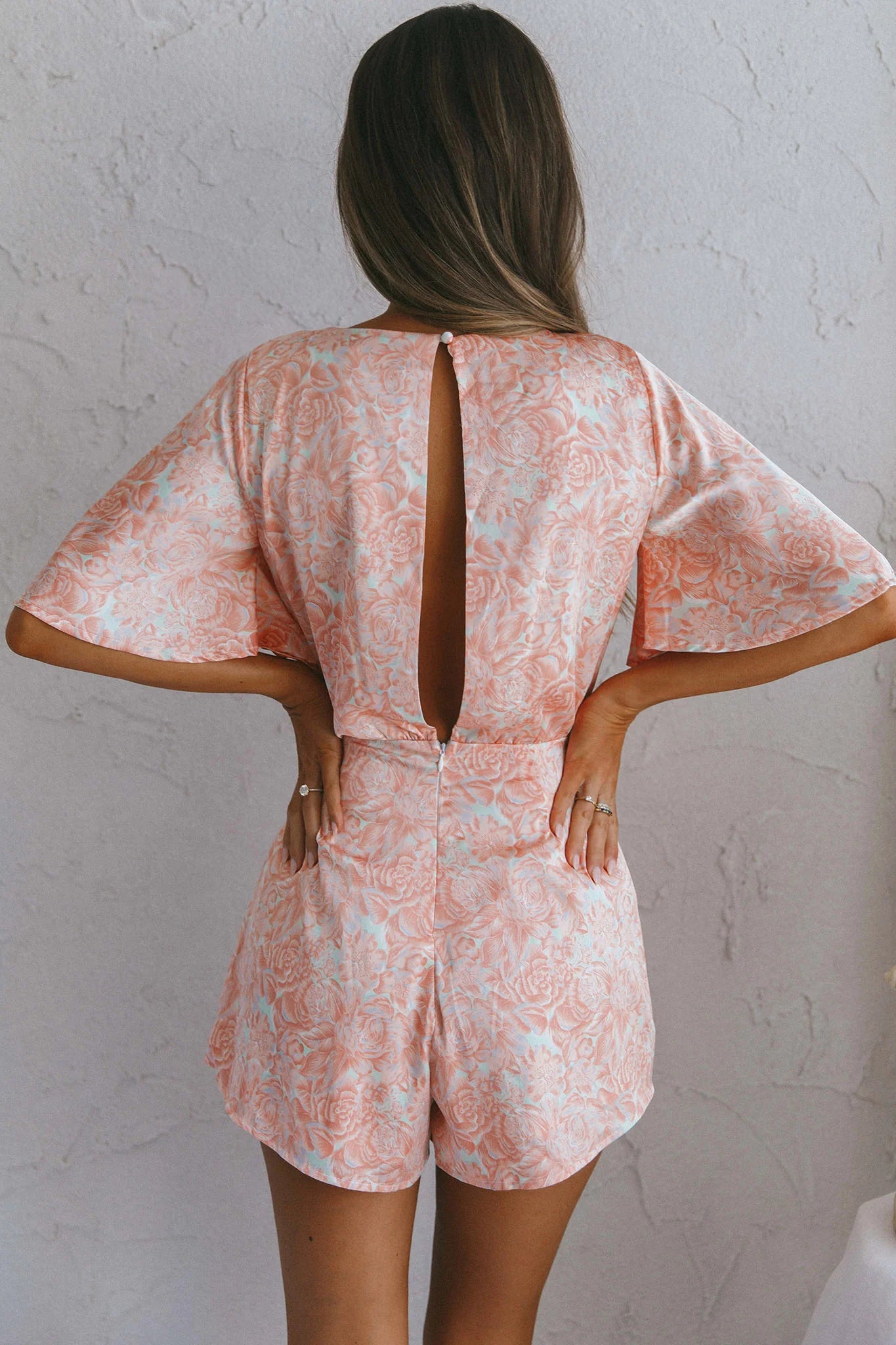 Nadi V-Neckline Wrap Romper Flower Paint Print Pink