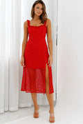 Isadora Mesh Overlay Frill Trim Neckline Midi Dress Red