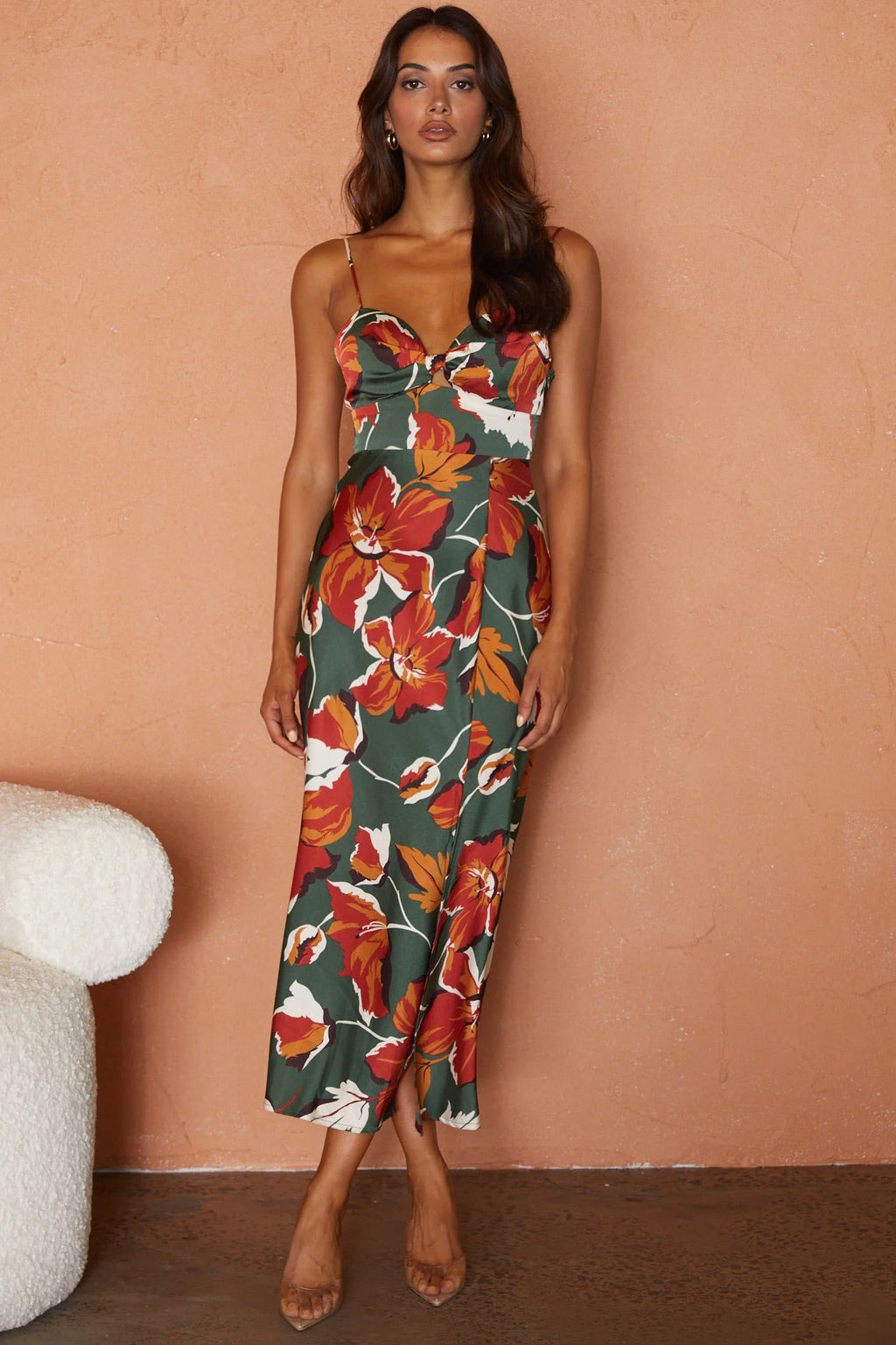 Missoula Cami Strap Padded Bust Midi Dress Floral Print Green