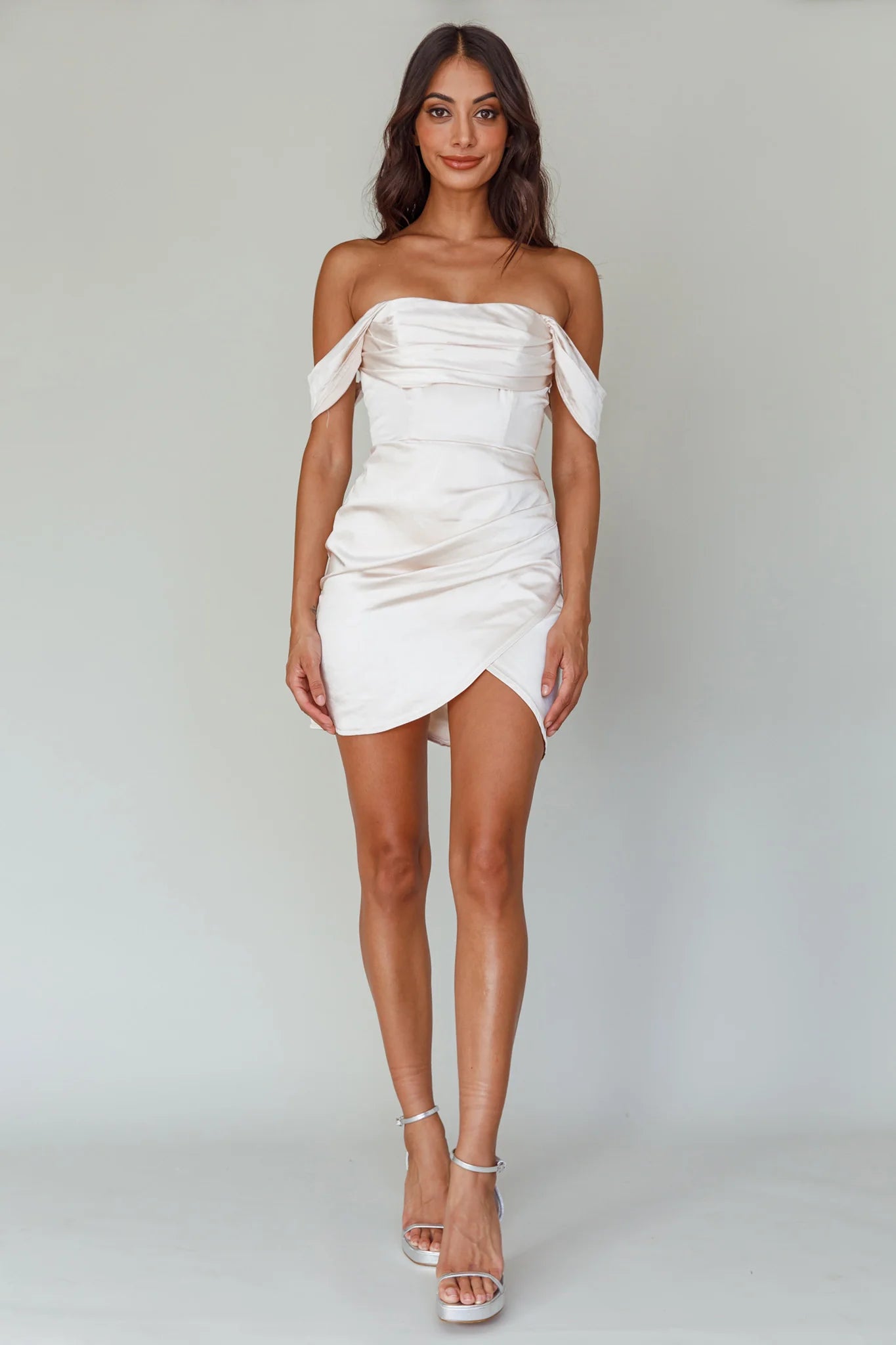 Night To Remember Off-Shoulder Satin Dress Champagne
