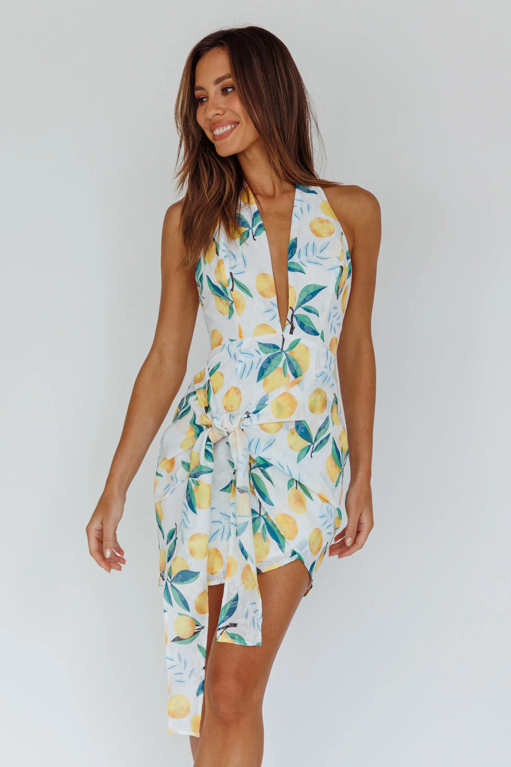 Euro Trip Halter Wrap Mini Dress Lemon