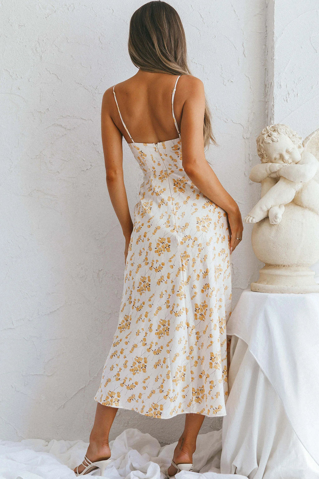 Lake Como Fitted Bodice Cami Strap Midi Dress Painted Floral Print Beige