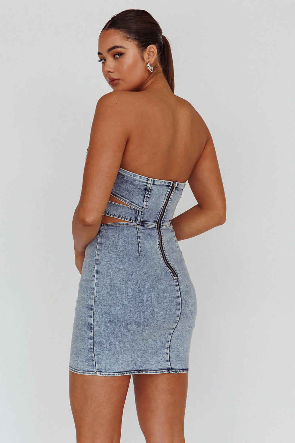 Jett Buckle Waist Mini Dress Denim Blue