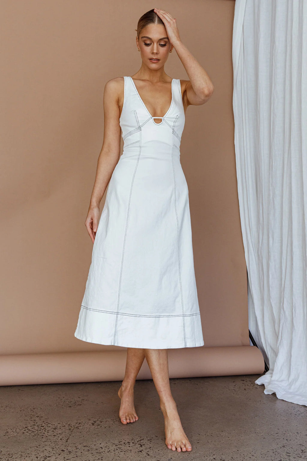 Elias Decorative Stitch Midi Dress White