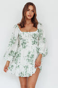 Amilie Shirred Long Sleeve Dress Floral White/Olive