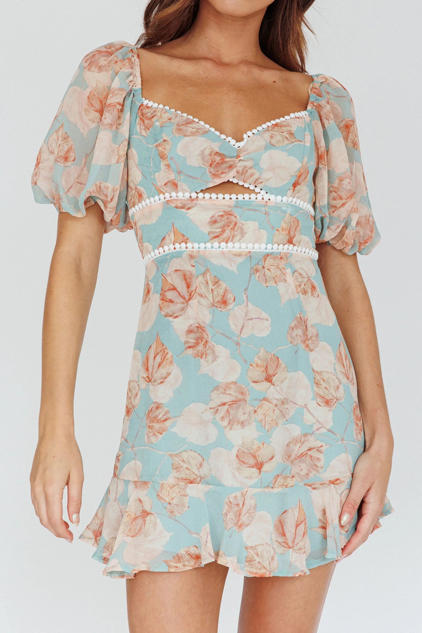 Catch Feelings Sweetheart Puff Sleeve Mini Dress Leaves Blue